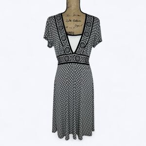 Y2K Connected Apparel Babydoll Midi Dress Sz 12 Geometric Stretch Pull On Office